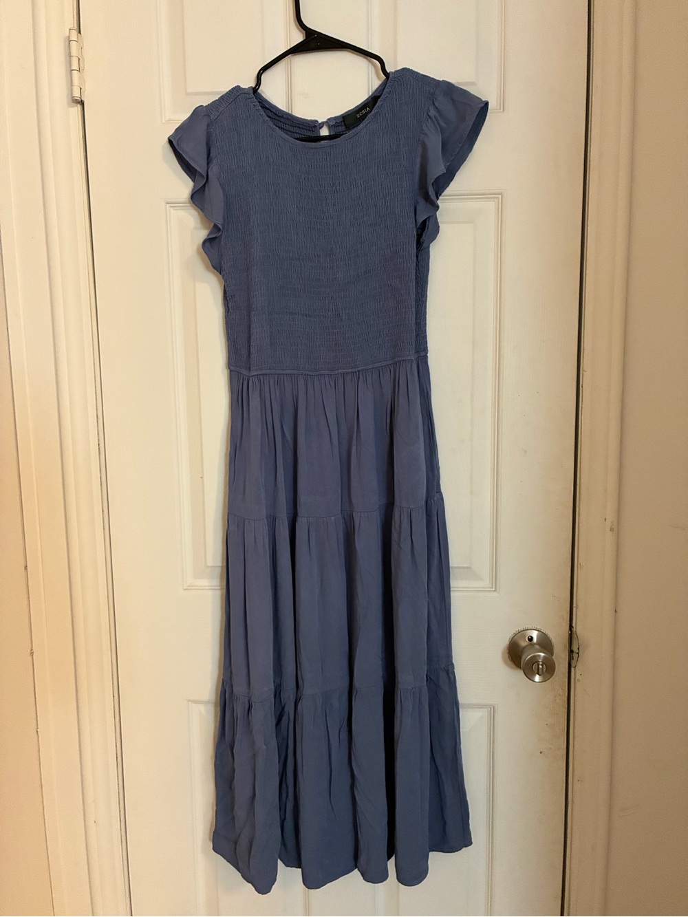 Womens Blue Tiered Maxi Dress with Flutter Sleeves